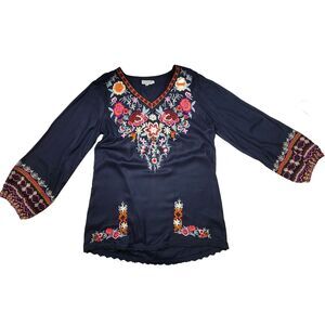 Time for Me Navy Floral Embroidered Boho Tunic Top Blouse V-Neck Large